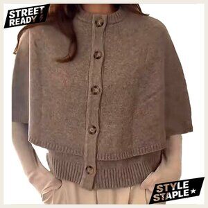 Knit Cape Cardigan Button Up Cropped Sweater Corporate Casual Outfits